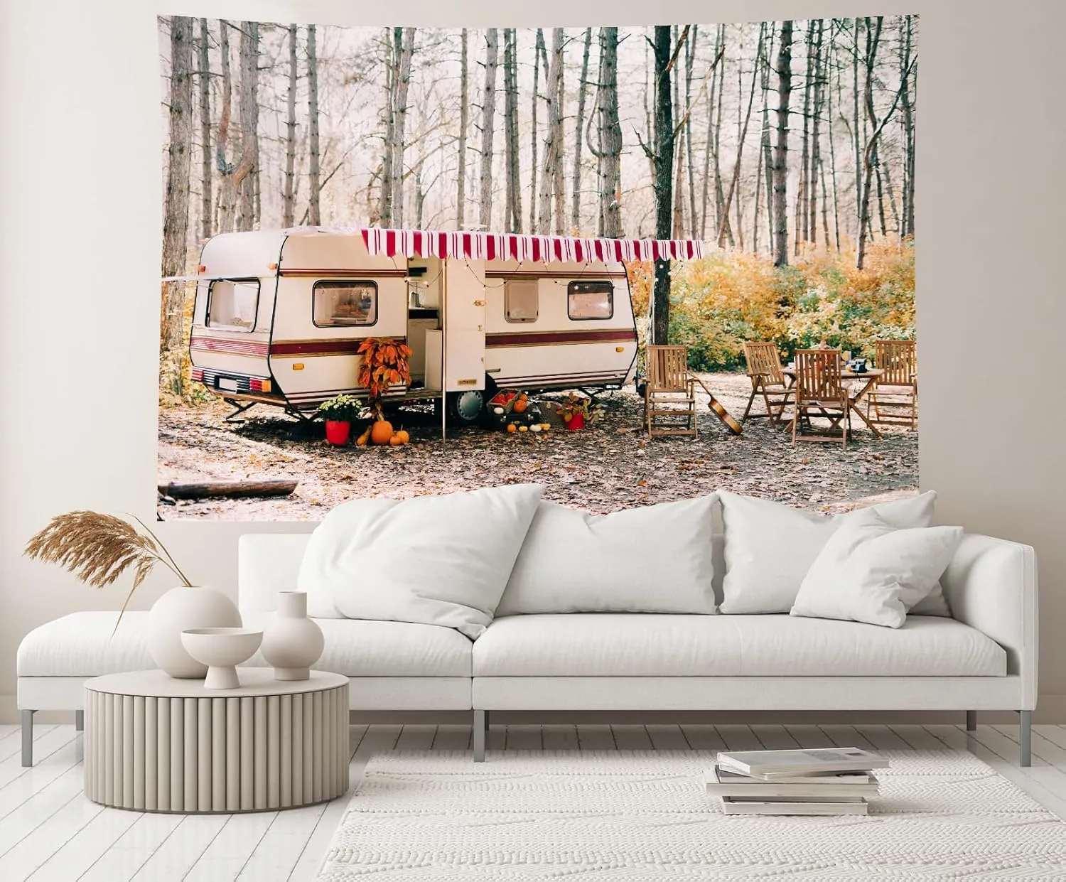 7ftx5ft Autumn Camp Backdrop Camper Van Pine Forest Fall Season Hiking Woods Background Wedding Bridal Shower Fall Hiking Camp Party Decor Photo Booth Studio Props Wallpaper