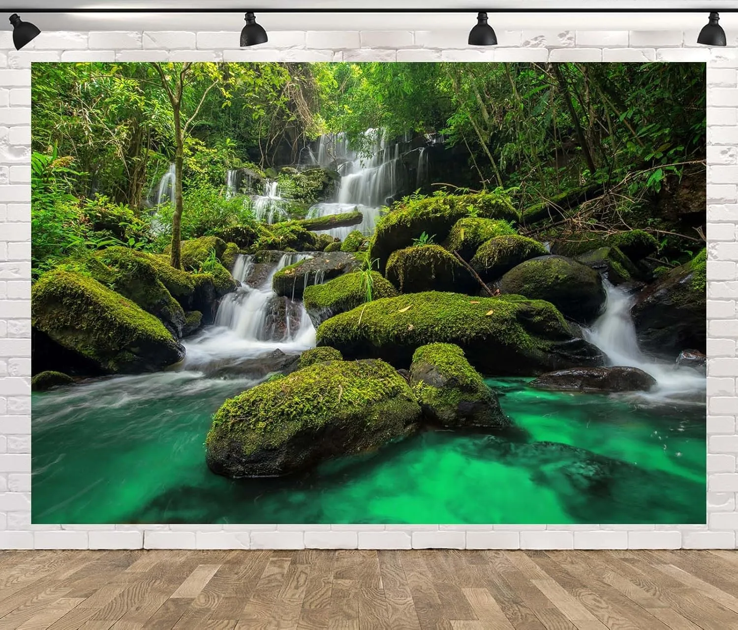 7x5ft Fabric Jungle Waterfall Backdrop Rocks Moss Tropical Rainforest Waterfall Natural Scenery Photography Background Outdoor Portrait Party Decorations Wallpaper Vacation Hiking Photo Props