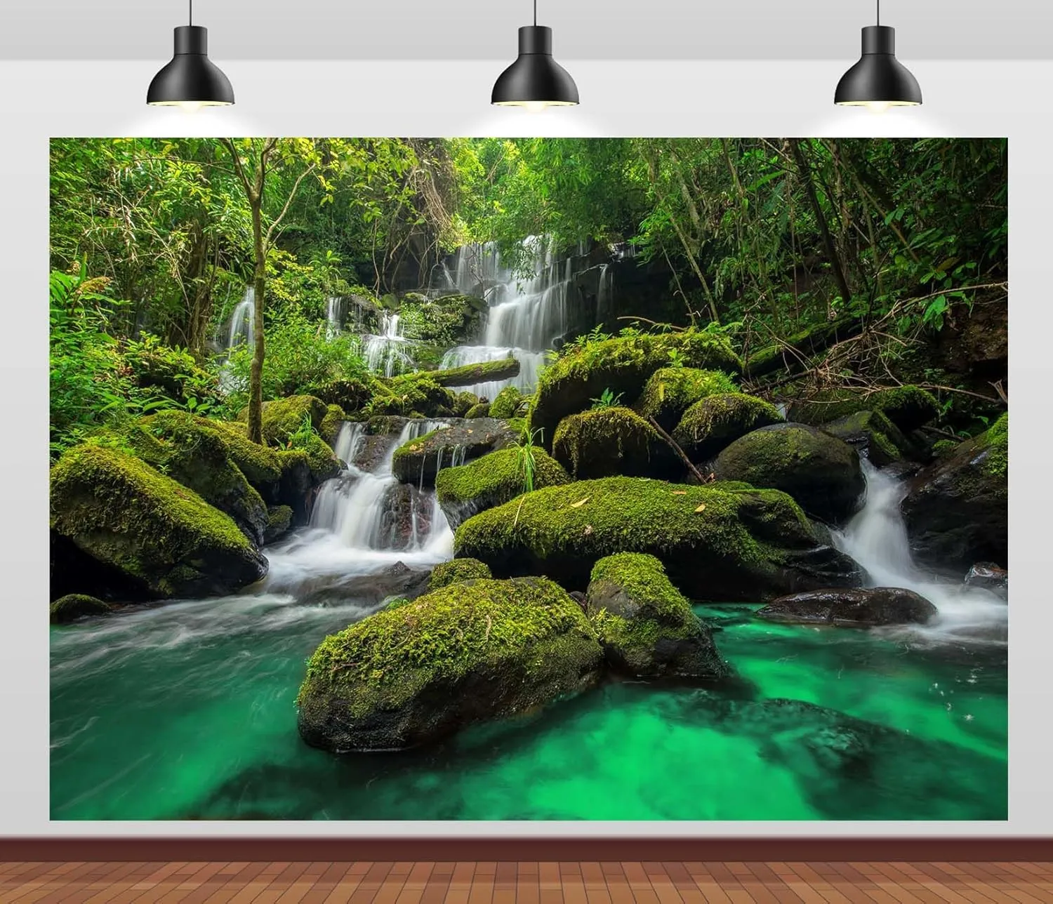7x5ft Fabric Jungle Waterfall Backdrop Rocks Moss Tropical Rainforest Waterfall Natural Scenery Photography Background Outdoor Portrait Party Decorations Wallpaper Vacation Hiking Photo Props