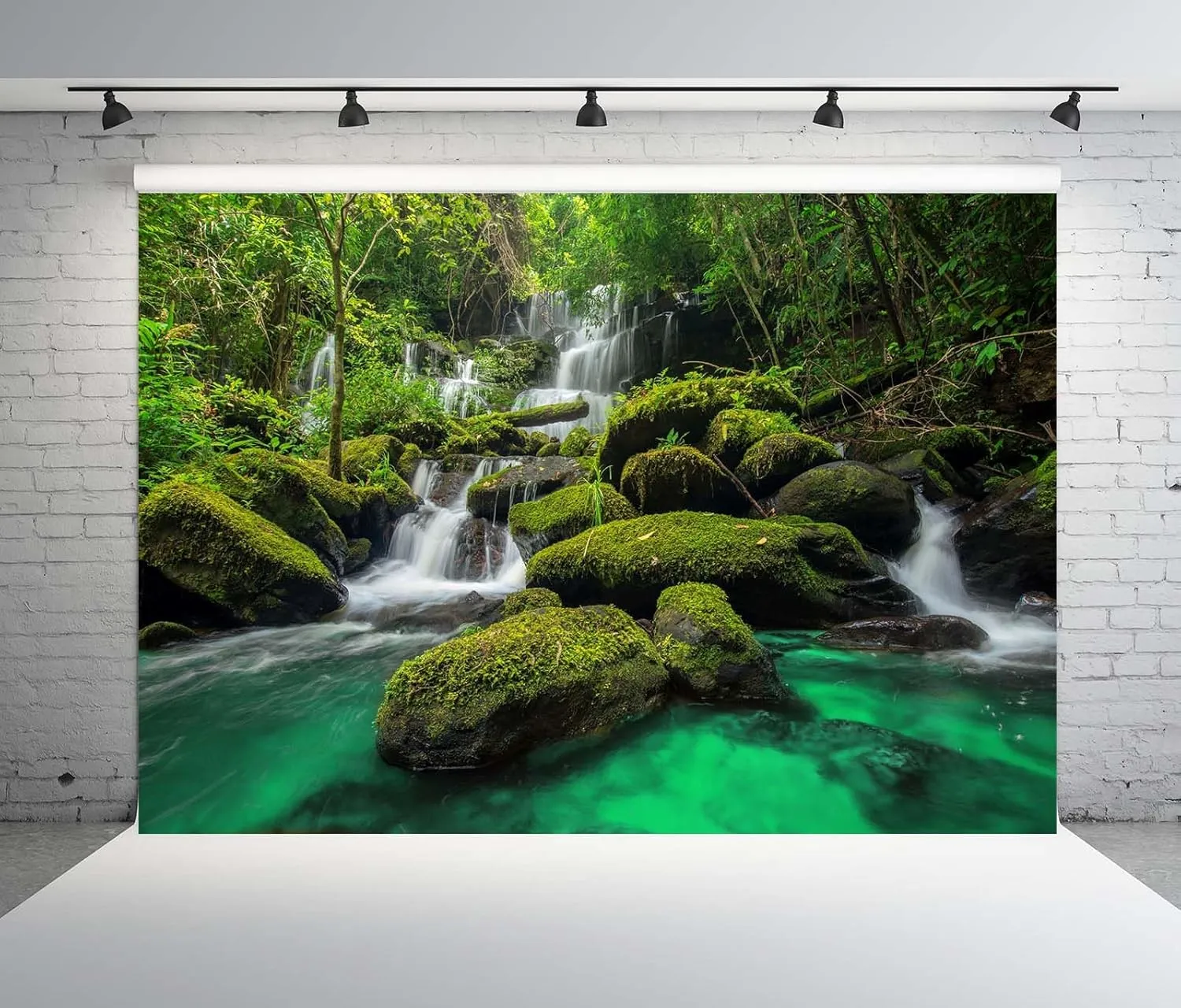 7x5ft Fabric Jungle Waterfall Backdrop Rocks Moss Tropical Rainforest Waterfall Natural Scenery Photography Background Outdoor Portrait Party Decorations Wallpaper Vacation Hiking Photo Props