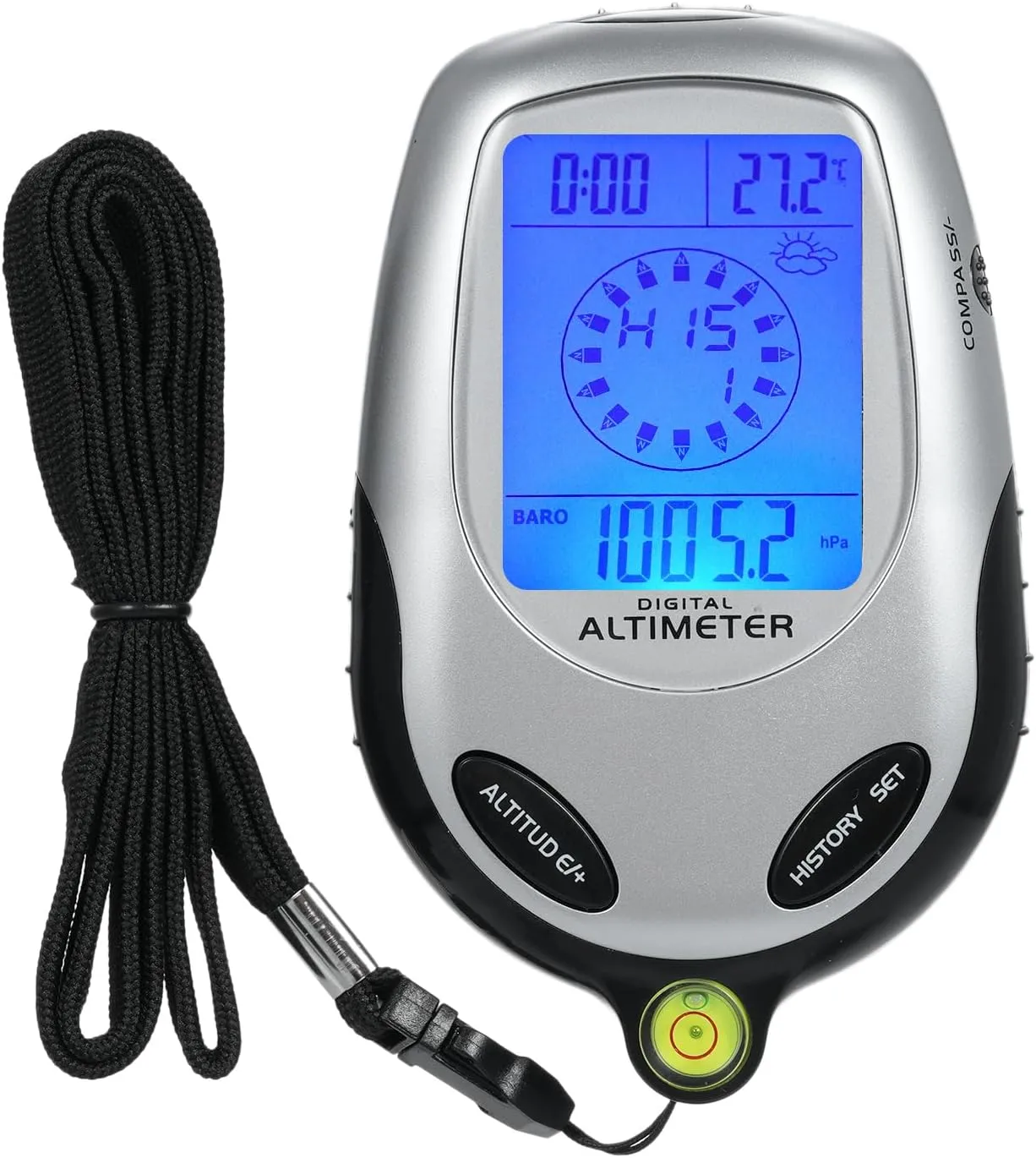 8-in-1 Electronic Handheld Altimeter Compass Barometer Weather Forecast Time Calendar Clock Outdoor Sports Mountain Climbing Tool with Backlight, Black & Silver