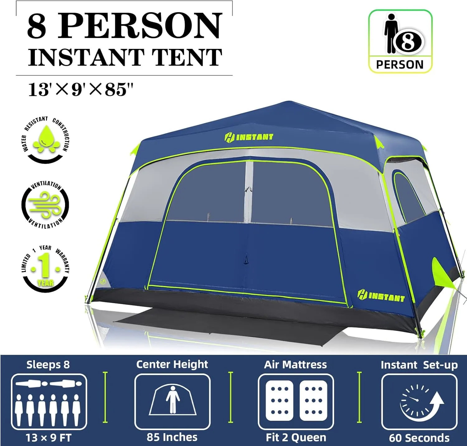 8 Person Instant Tent, Waterproof Pop Up Tents for Camping with Rainfly, 60 Seconds Easy Setup, Automatic Cabin Tent for Family Camping with Expandable Carry Bag & Upgraded Ventilation