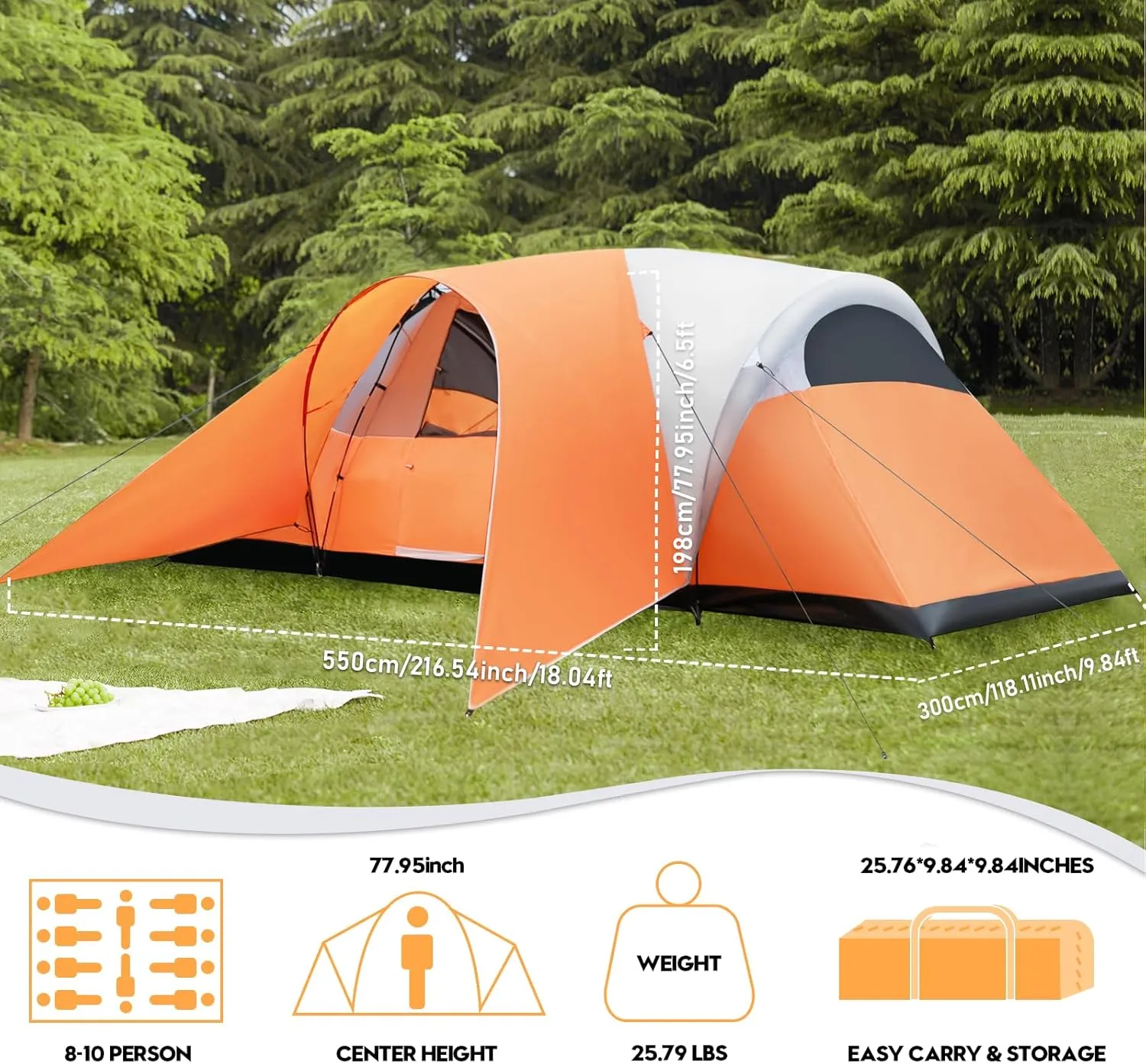 8/10 Person Camping Tent with Porch, Large Family Tents for Camping Includes Rainfly & Carry Bag, Easy Setup Dome Tents for Outdoor Camping Picnic Backyard