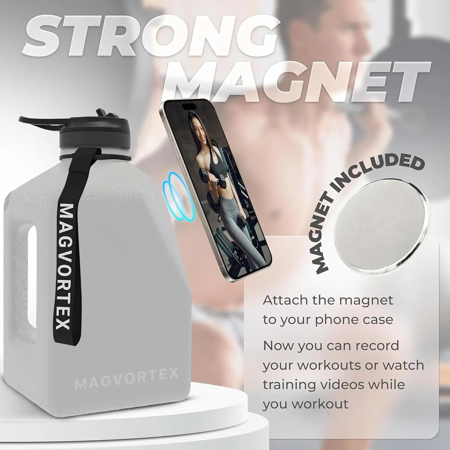 91oz Gym Daily Water Bottle Grey – Large BPA-Free PETG Jug with Magnetic Plate Phone Mount, Leakproof Flip-Top Lid, Wide Mouth for Ice, Straw, Carry Strap, Stable Base, Time Marker