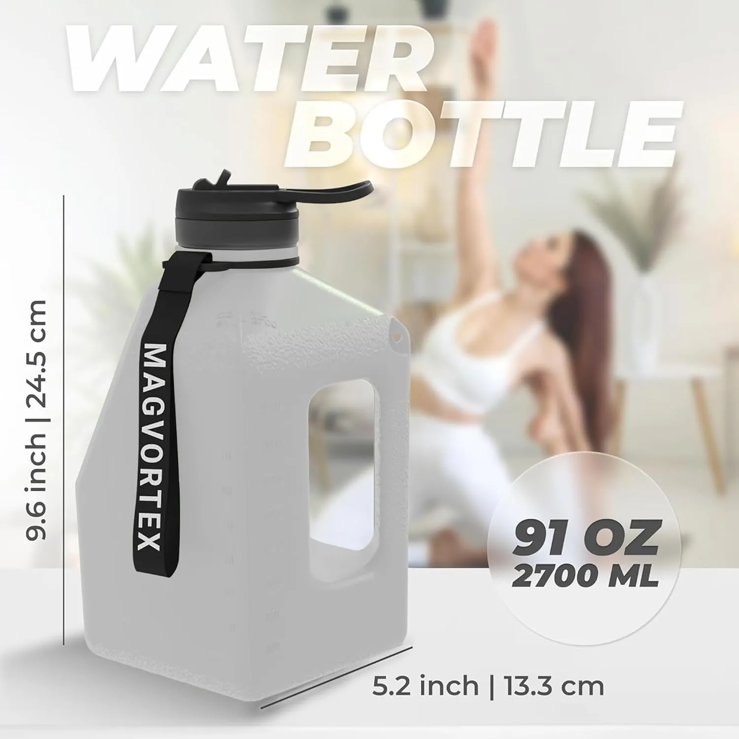 91oz Gym Daily Water Bottle Grey – Large BPA-Free PETG Jug with Magnetic Plate Phone Mount, Leakproof Flip-Top Lid, Wide Mouth for Ice, Straw, Carry Strap, Stable Base, Time Marker