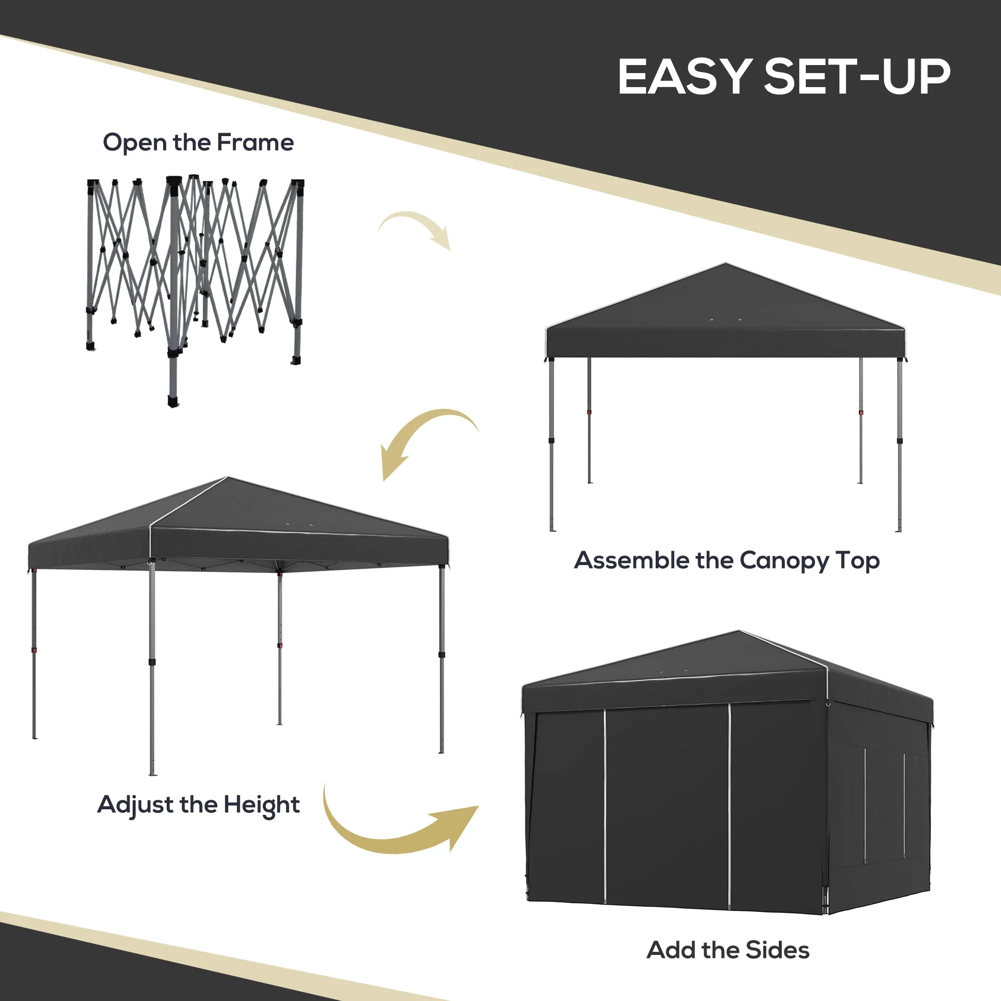 9.7' x 9.7' Pop Up Canopy Tent with Sidewalls, 2 Mesh Windows & Reflective Strips, Black
