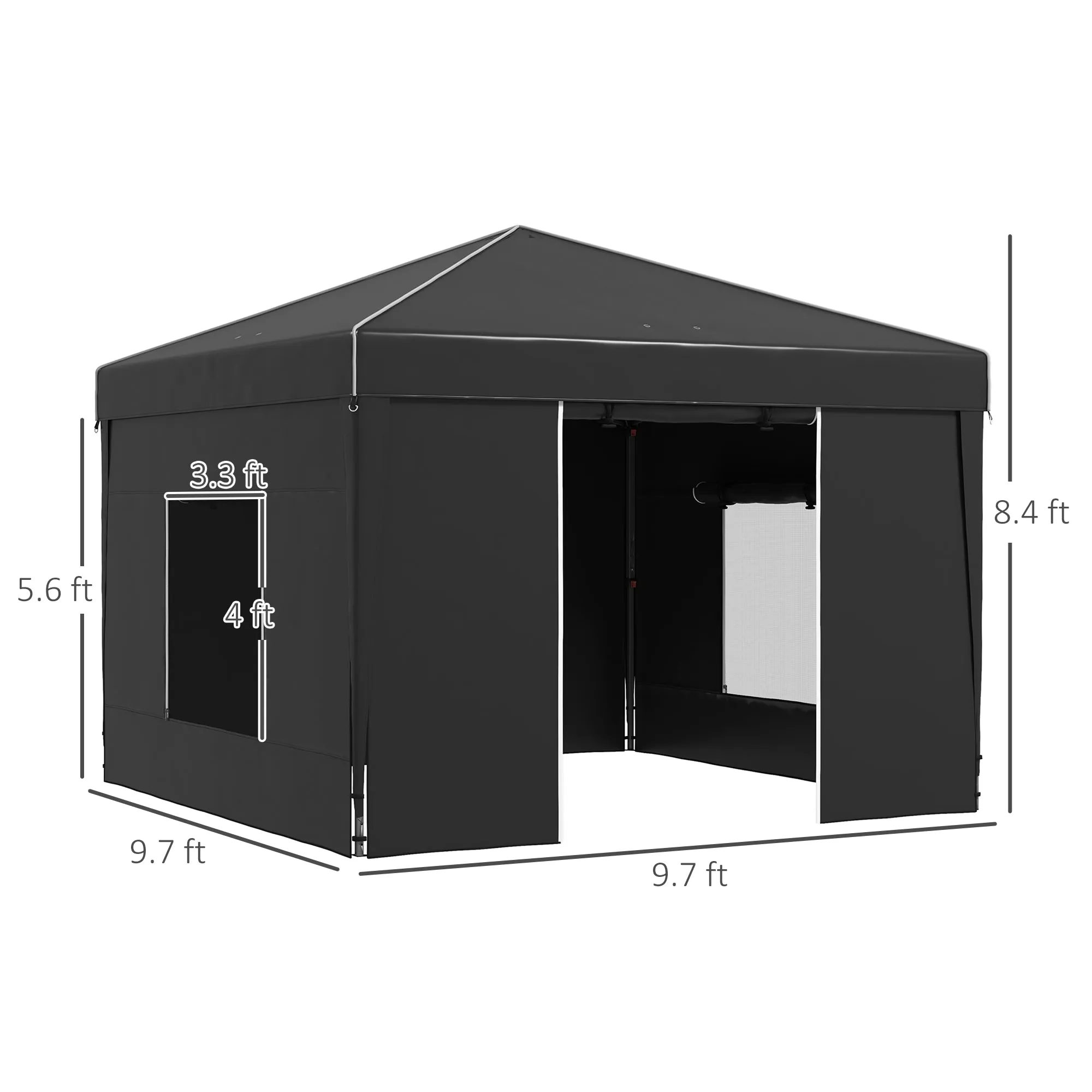 9.7' x 9.7' Pop Up Canopy Tent with Sidewalls, 2 Mesh Windows & Reflective Strips, Black