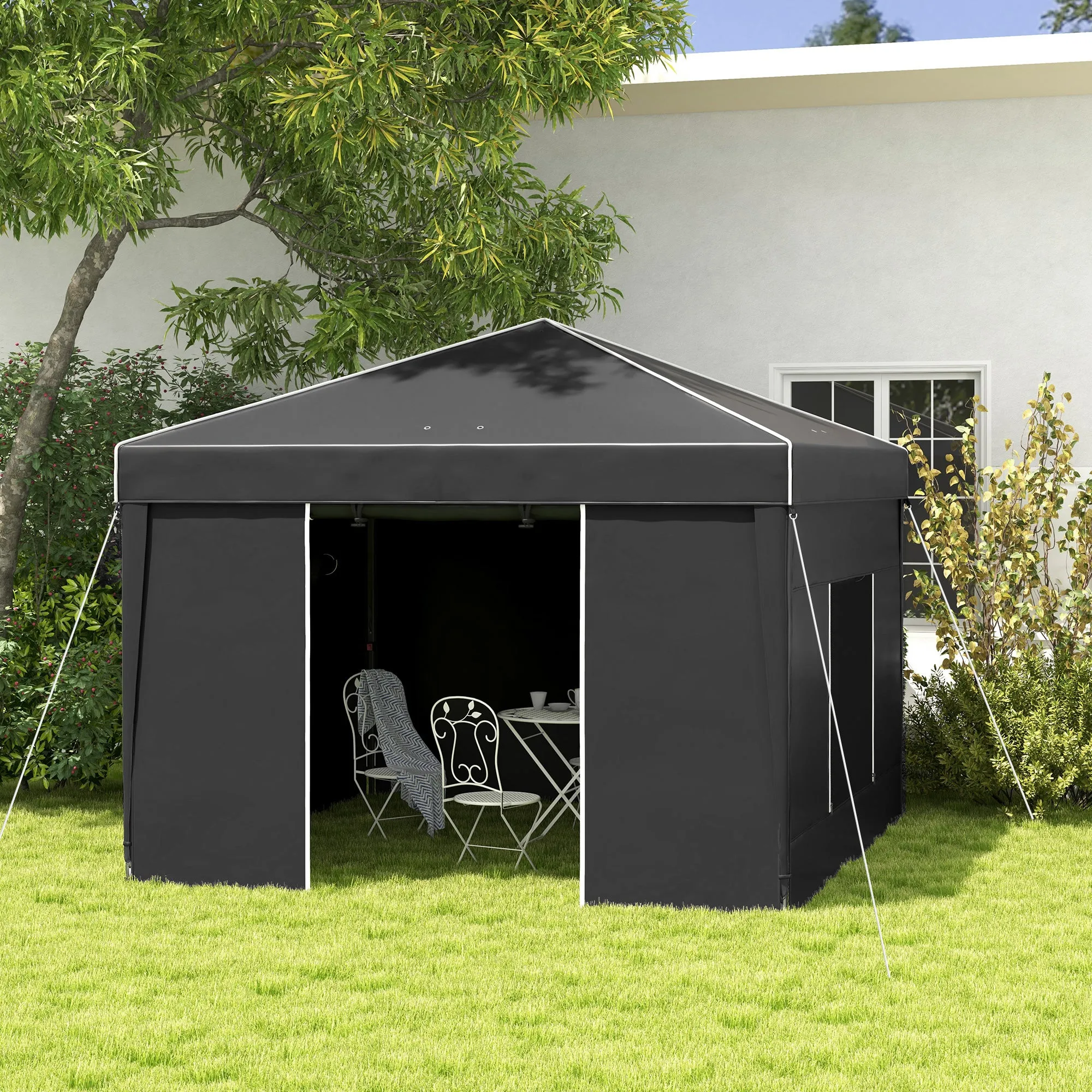 9.7' x 9.7' Pop Up Canopy Tent with Sidewalls, 2 Mesh Windows & Reflective Strips, Black