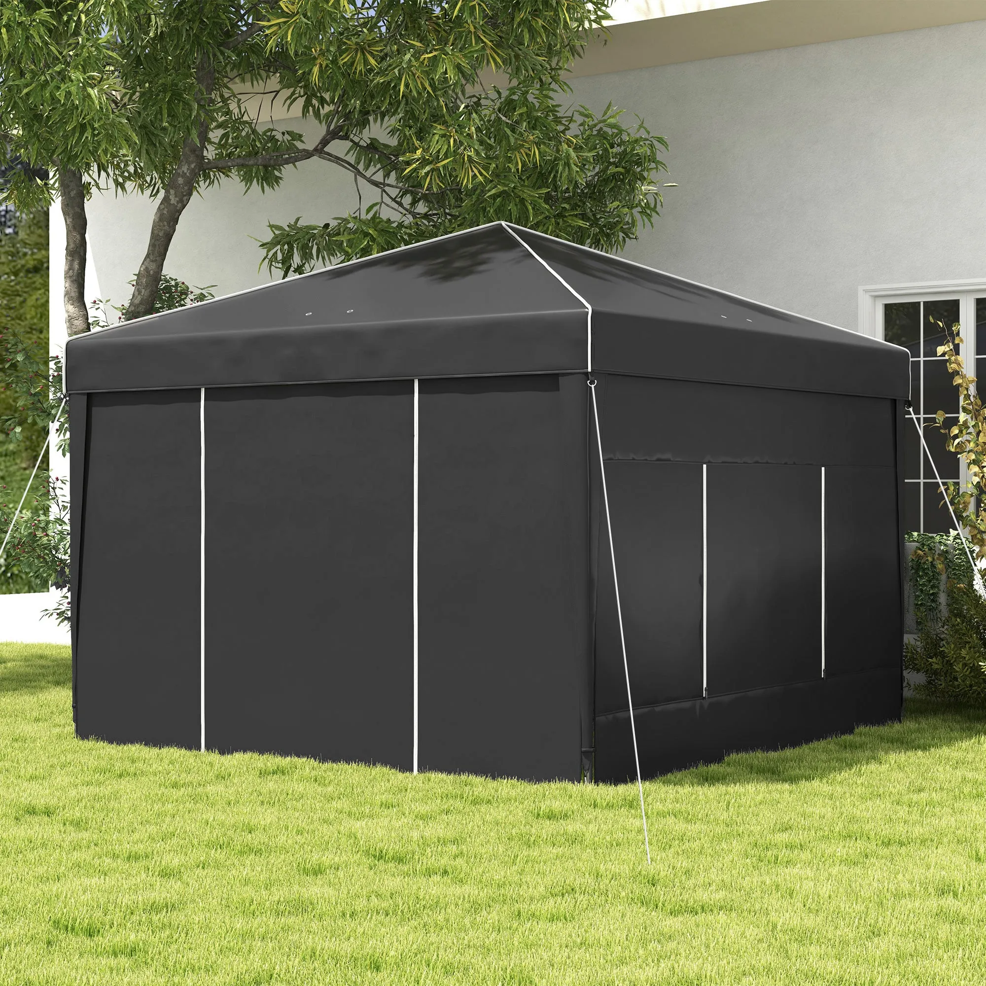 9.7' x 9.7' Pop Up Canopy Tent with Sidewalls, 2 Mesh Windows & Reflective Strips, Black