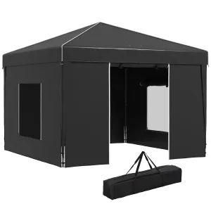 9.7' x 9.7' Pop Up Canopy Tent with Sidewalls, 2 Mesh Windows & Reflective Strips, Black
