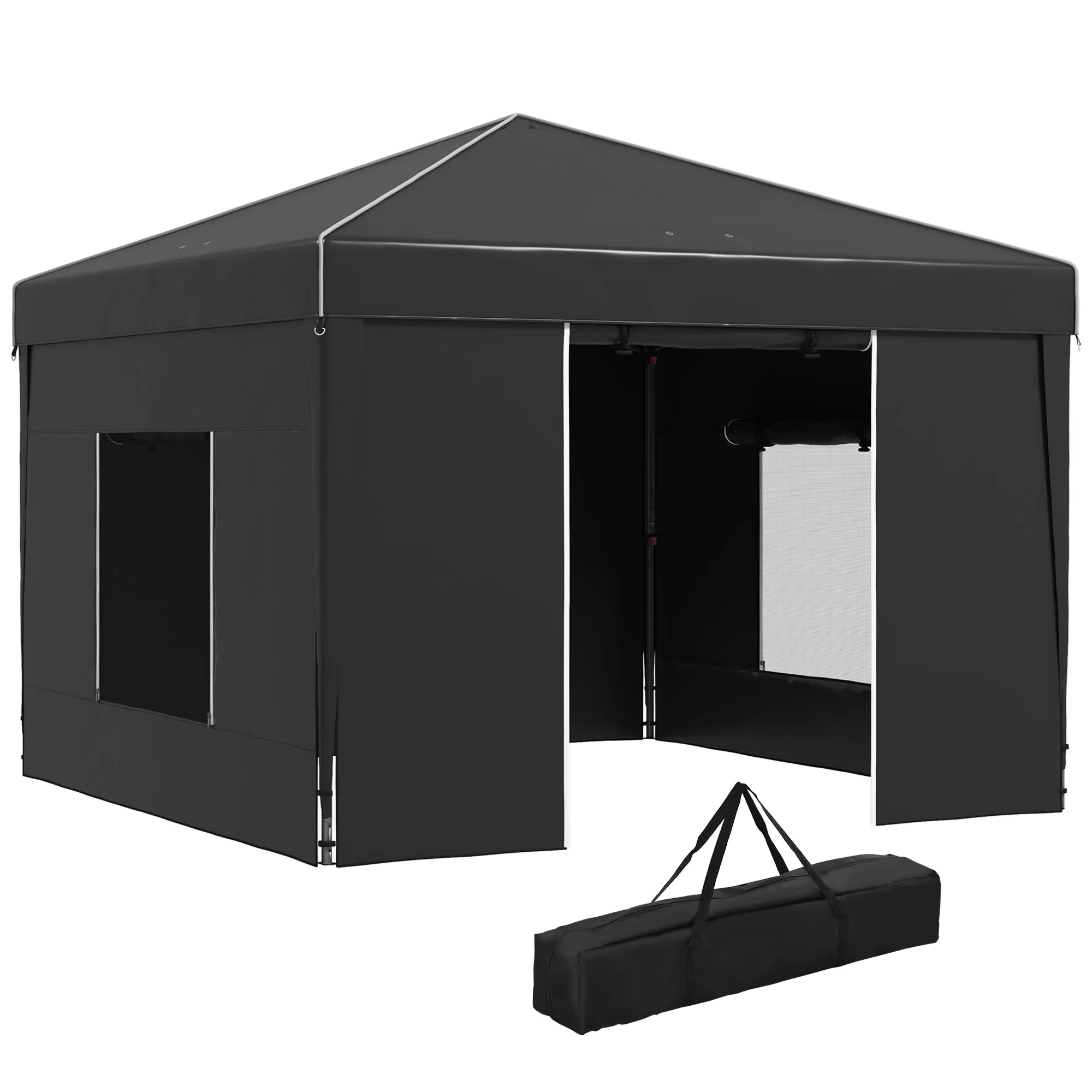 9.7' x 9.7' Pop Up Canopy Tent with Sidewalls, 2 Mesh Windows & Reflective Strips, Black
