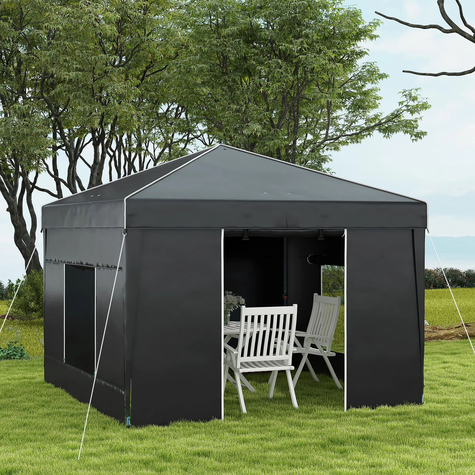 9.7' x 9.7' Pop Up Canopy Tent with Sidewalls, 2 Mesh Windows & Reflective Strips, Black