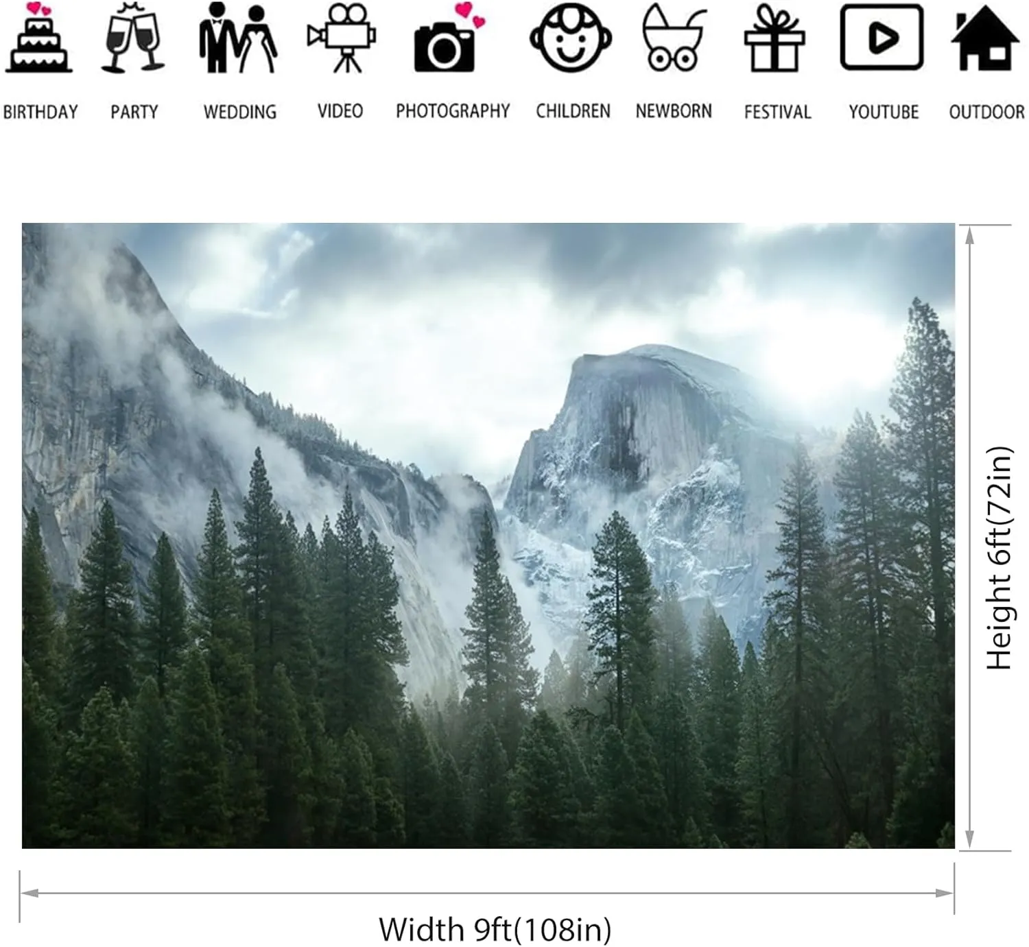 9x6ft Misty Forest Mountain Backdrop Nature Scenery Pine Trees Forest Outdoor Hiking Camping Photography Background Foggy Woodland Landscape Travel Adventure Party Banner Photo Booth Props