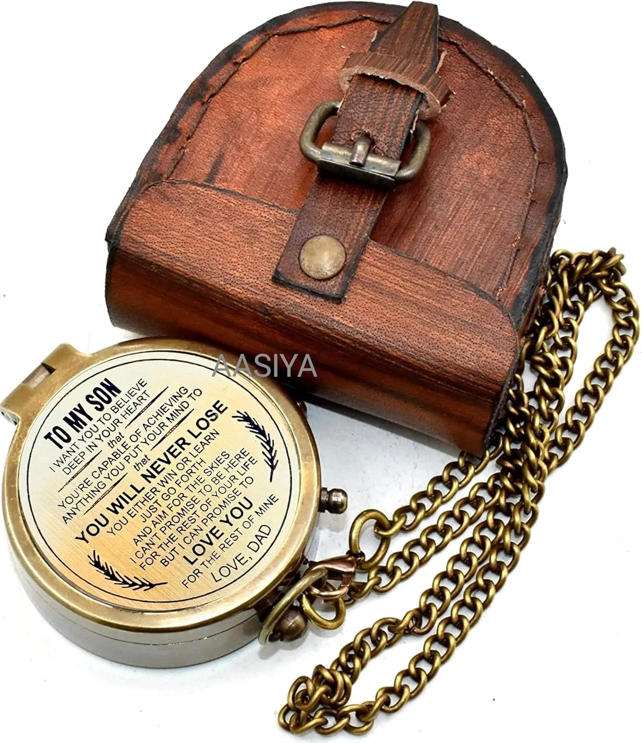 AASIYA Brass Chain Compass with Leather Case for Hiking Personalized Compass to My Son You Will Never Lose Love Dad Quote Engraved Camping Pocket Compass Nautical Vintage Navigation Outdoor Compass