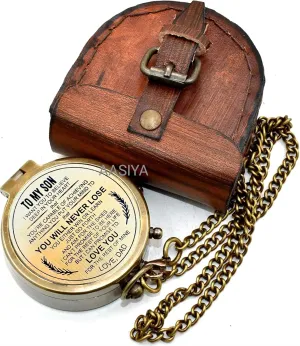 AASIYA Brass Chain Compass with Leather Case for Hiking Personalized Compass to My Son You Will Never Lose Love Dad Quote Engraved Camping Pocket Compass Nautical Vintage Navigation Outdoor Compass