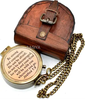 AASIYA Brass Nautical Pocket Compass with Chain and Leather Case for Travel Hiking Be Strong and Courageous Quote Engravable Outdoor Compass Gift for Husband Wife