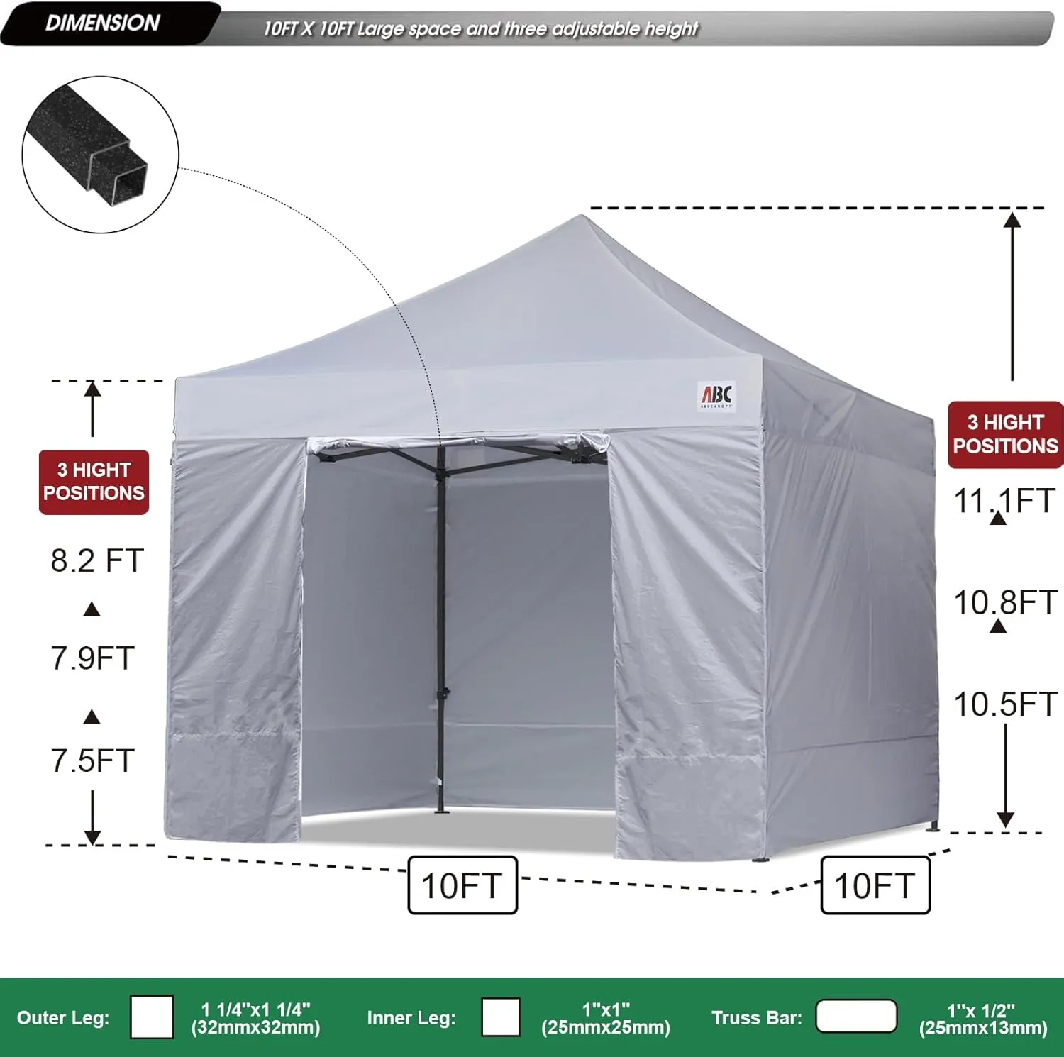 ABCCANOPY Heavy Duty Easy Pop up Canopy Tent with Sidewalls 10x10, Gray