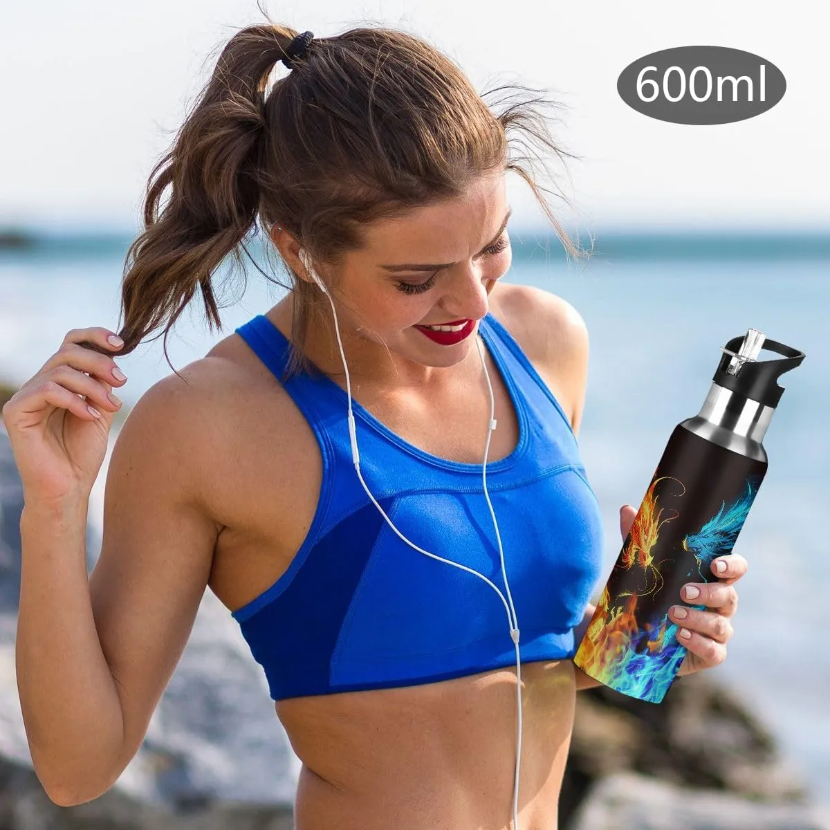 Abstract Fire Dragon Water Bottle 20 oz Insulated Water Bottles with Straw Leakproof Vacuum Thermal Stainless Steel Water Bottle for Kids Adults