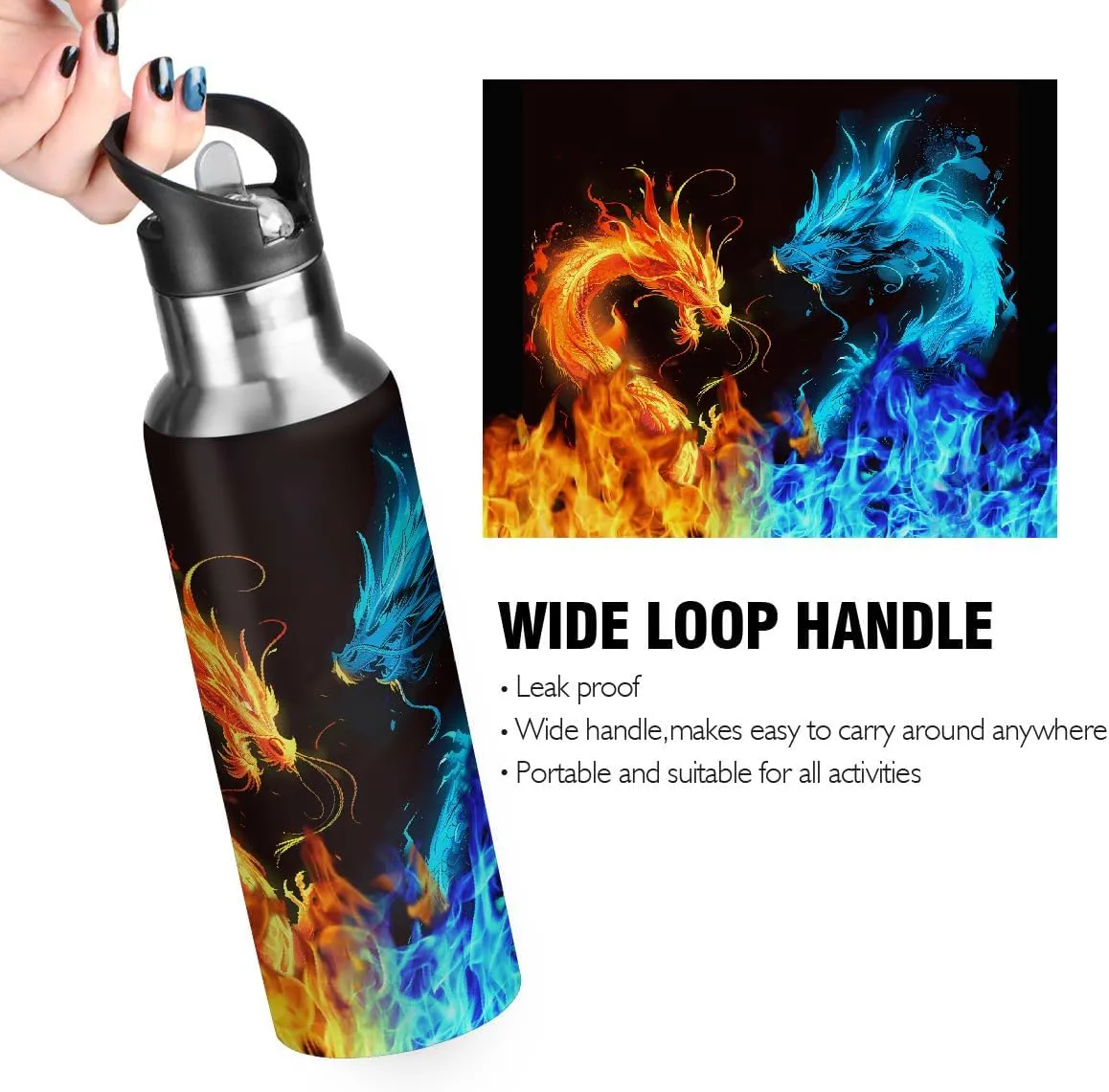 Abstract Fire Dragon Water Bottle 20 oz Insulated Water Bottles with Straw Leakproof Vacuum Thermal Stainless Steel Water Bottle for Kids Adults