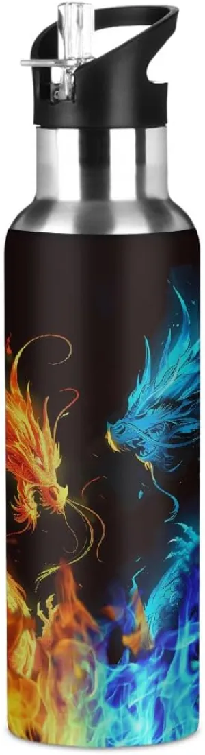 Abstract Fire Dragon Water Bottle 20 oz Insulated Water Bottles with Straw Leakproof Vacuum Thermal Stainless Steel Water Bottle for Kids Adults