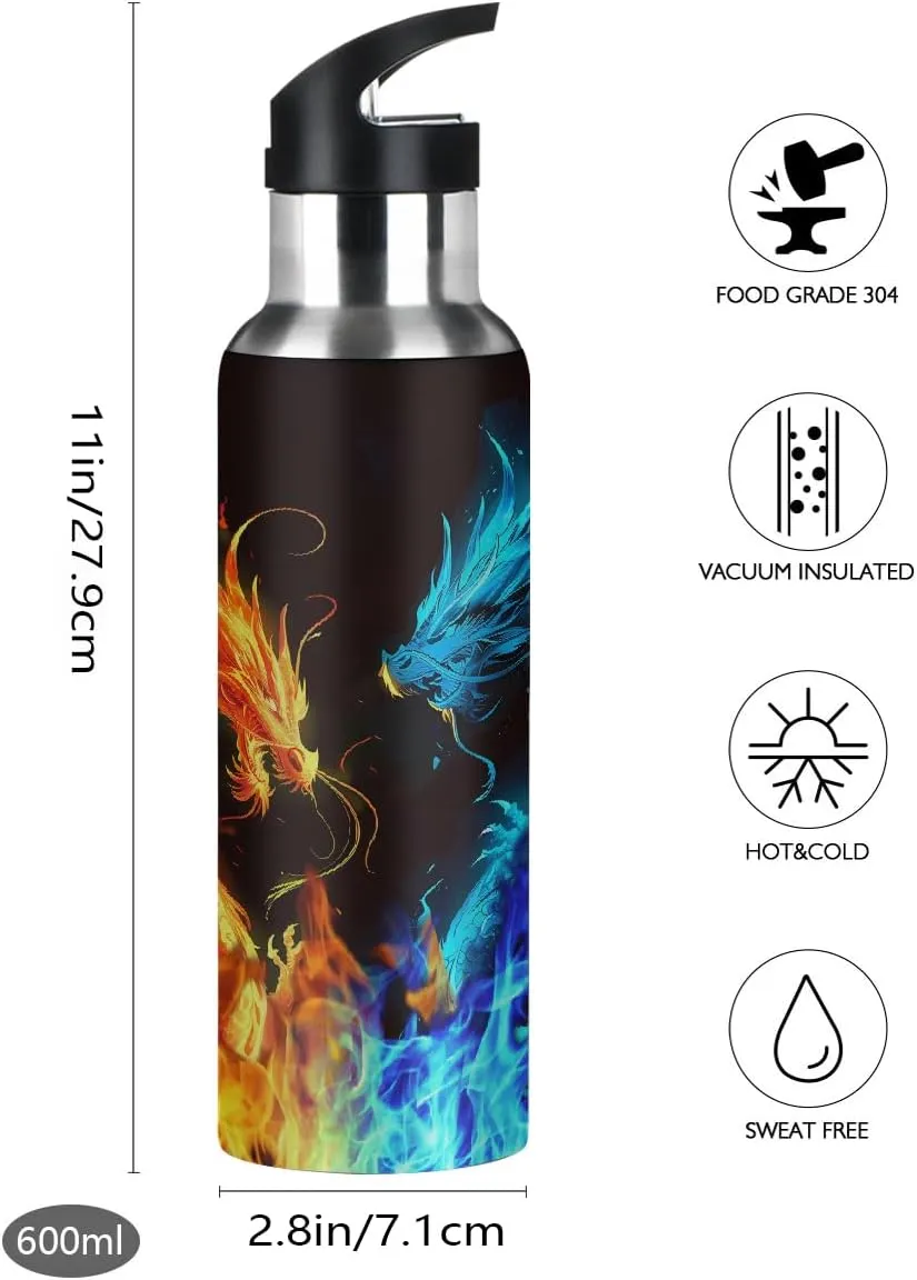 Abstract Fire Dragon Water Bottle 20 oz Insulated Water Bottles with Straw Leakproof Vacuum Thermal Stainless Steel Water Bottle for Kids Adults