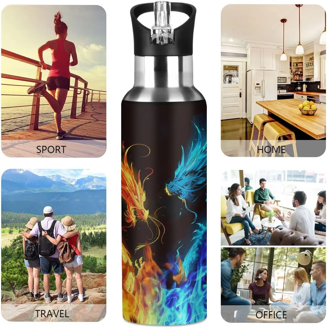 Abstract Fire Dragon Water Bottle 20 oz Insulated Water Bottles with Straw Leakproof Vacuum Thermal Stainless Steel Water Bottle for Kids Adults