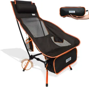 Adjustable Folding Camping Chairs, Ultra Light Backpacking Chair, Portable Folding Chair with Headrest, Side Pocket and Cup Holder (Orange)