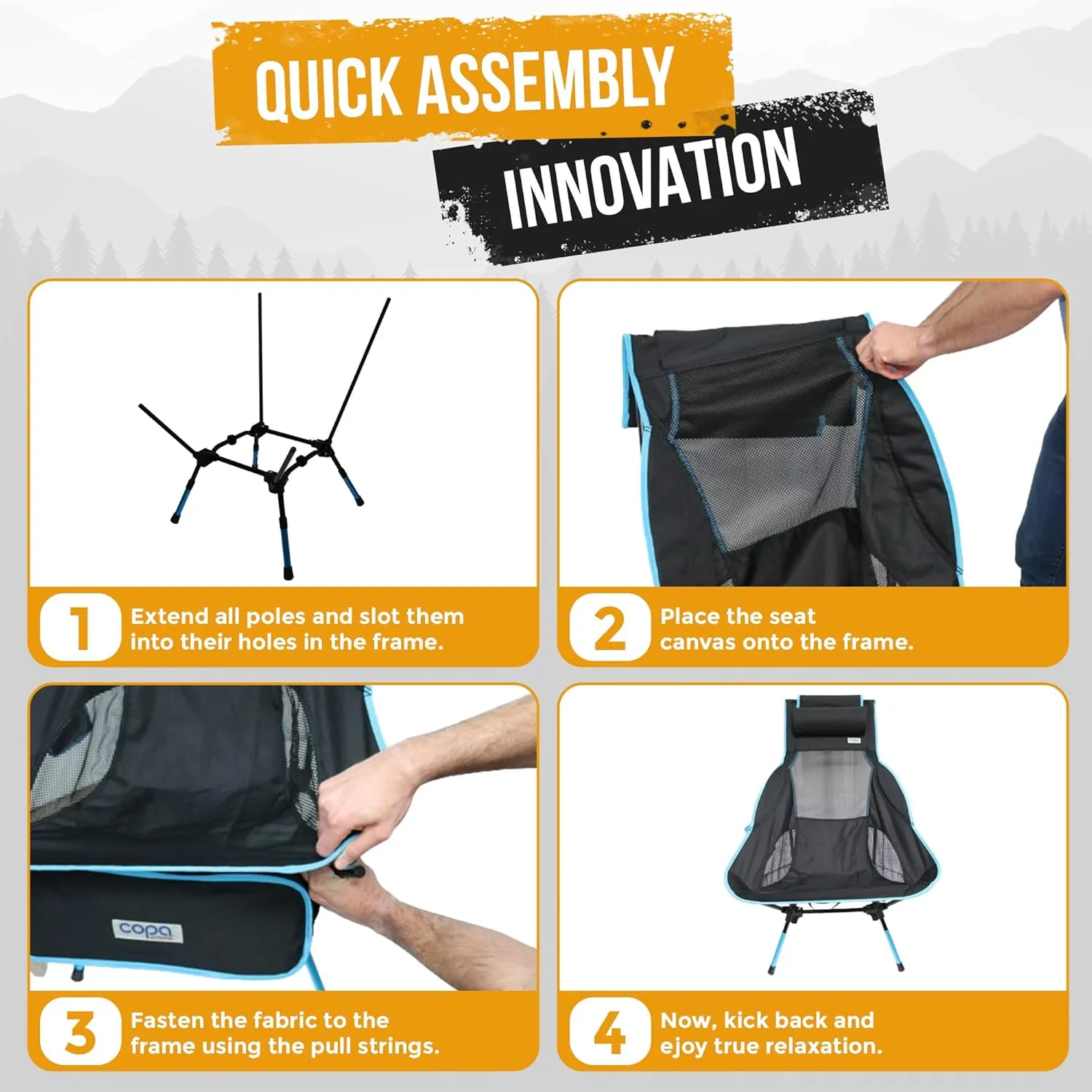 Adjustable Folding Camping Chairs, Ultra Light Backpacking Chair, Portable Folding Chair with Headrest, Side Pocket and Cup Holder (Orange)