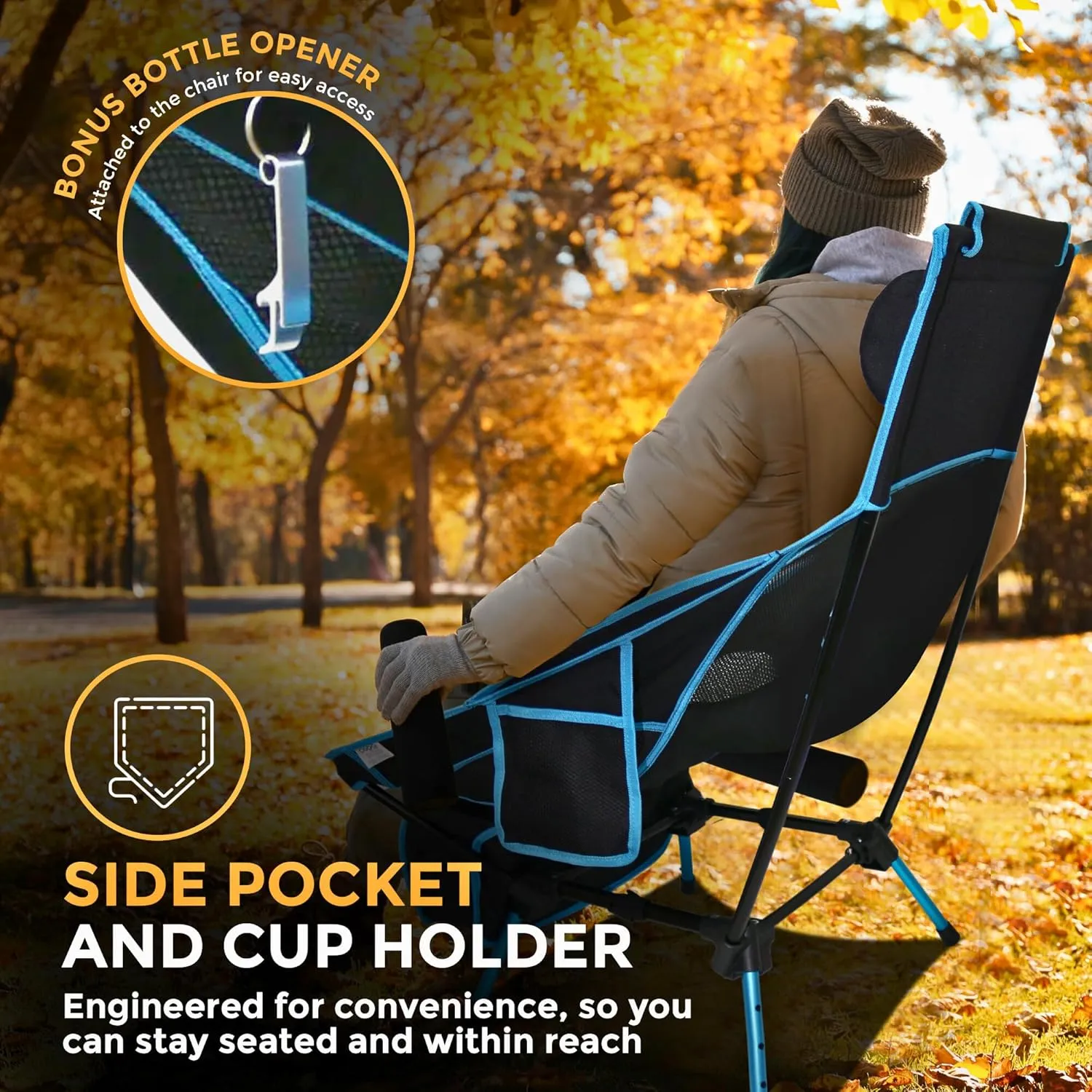 Adjustable Folding Camping Chairs, Ultra Light Backpacking Chair, Portable Folding Chair with Headrest, Side Pocket and Cup Holder (Orange)