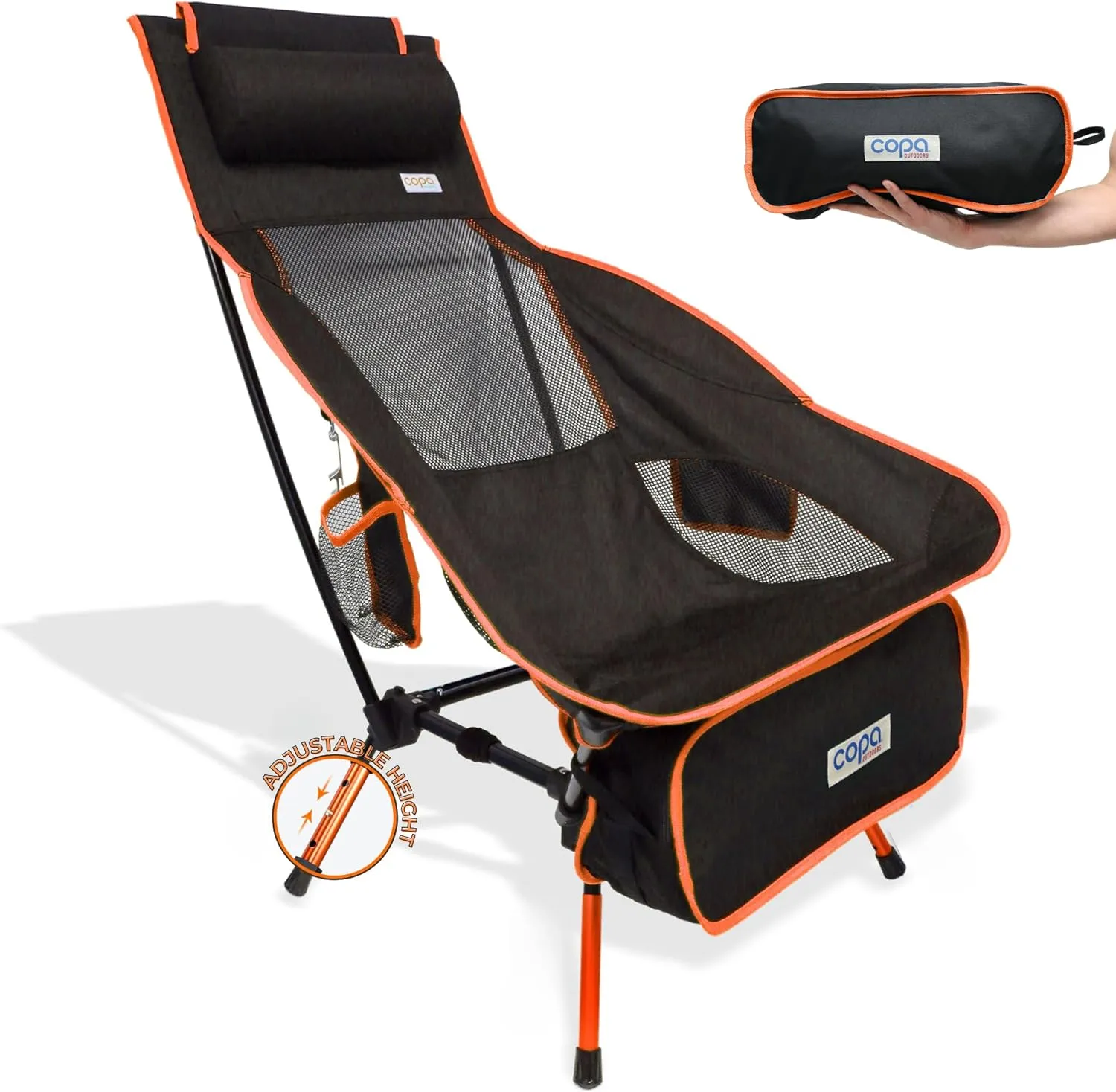 Adjustable Folding Camping Chairs, Ultra Light Backpacking Chair, Portable Folding Chair with Headrest, Side Pocket and Cup Holder (Orange)