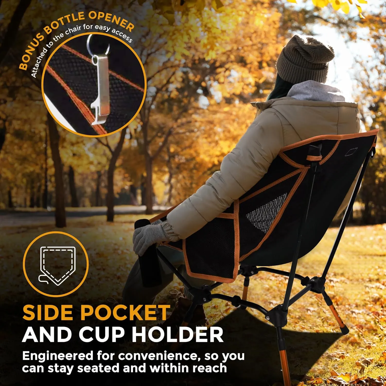 Adjustable Folding Camping Chairs, Ultra Light Backpacking Chair, Portable Folding Chair with Side Pocket and Cup Holder Bonus Bottle Opener Camping Chair (Orange)