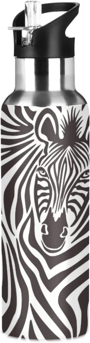 African Animal Zebra Print Sport Water Bottle with Straw, Vacuum Insulated Stainless Steel Thermal Flask Leakproof BPA Free Drinking Bottle for Gym Fitness Camping-20oz/600ml