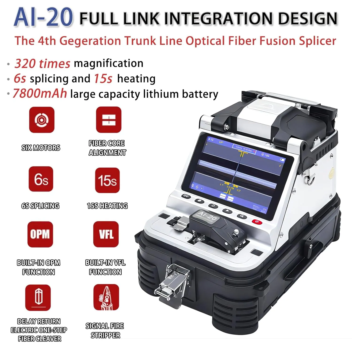 AI-20 Fiber Fusion Splicer Core Alignment Automatic FTTH Fiber Optical Welding Machine 6s Splicing Six Motor 15s Heating Built-in VFL & OPM Function with Highly Integrated Cleaver（7800mAh）