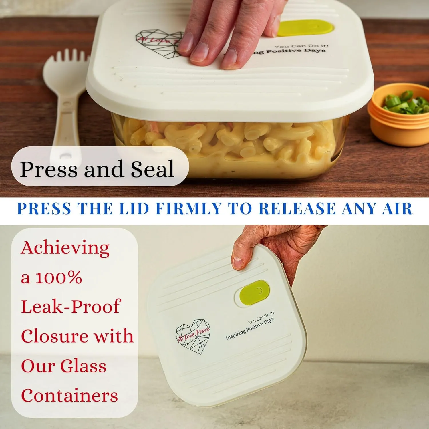 AI LOVE PEACE Glass Lunch Container, 26 oz, Microwave-Safe with 2 Lids – White Silicone Vent Lid & Green Airtight PP Lid, Leakproof Meal Prep Box with Utensil Storage for Salad & Snacks