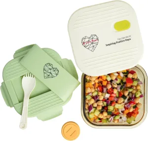 AI LOVE PEACE Glass Lunch Container, 26 oz, Microwave-Safe with 2 Lids – White Silicone Vent Lid & Green Airtight PP Lid, Leakproof Meal Prep Box with Utensil Storage for Salad & Snacks