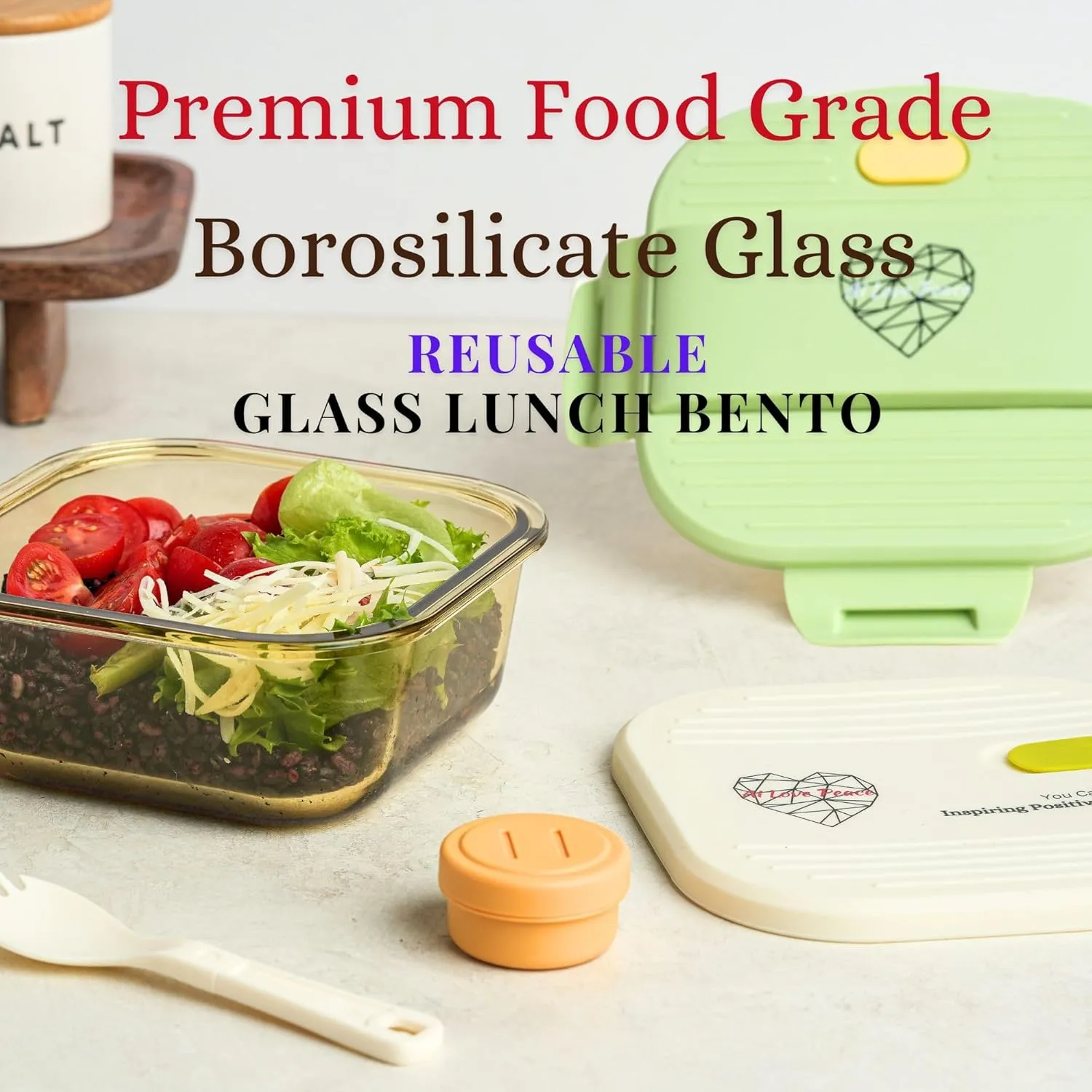 AI LOVE PEACE Glass Lunch Container, 26 oz, Microwave-Safe with 2 Lids – White Silicone Vent Lid & Green Airtight PP Lid, Leakproof Meal Prep Box with Utensil Storage for Salad & Snacks