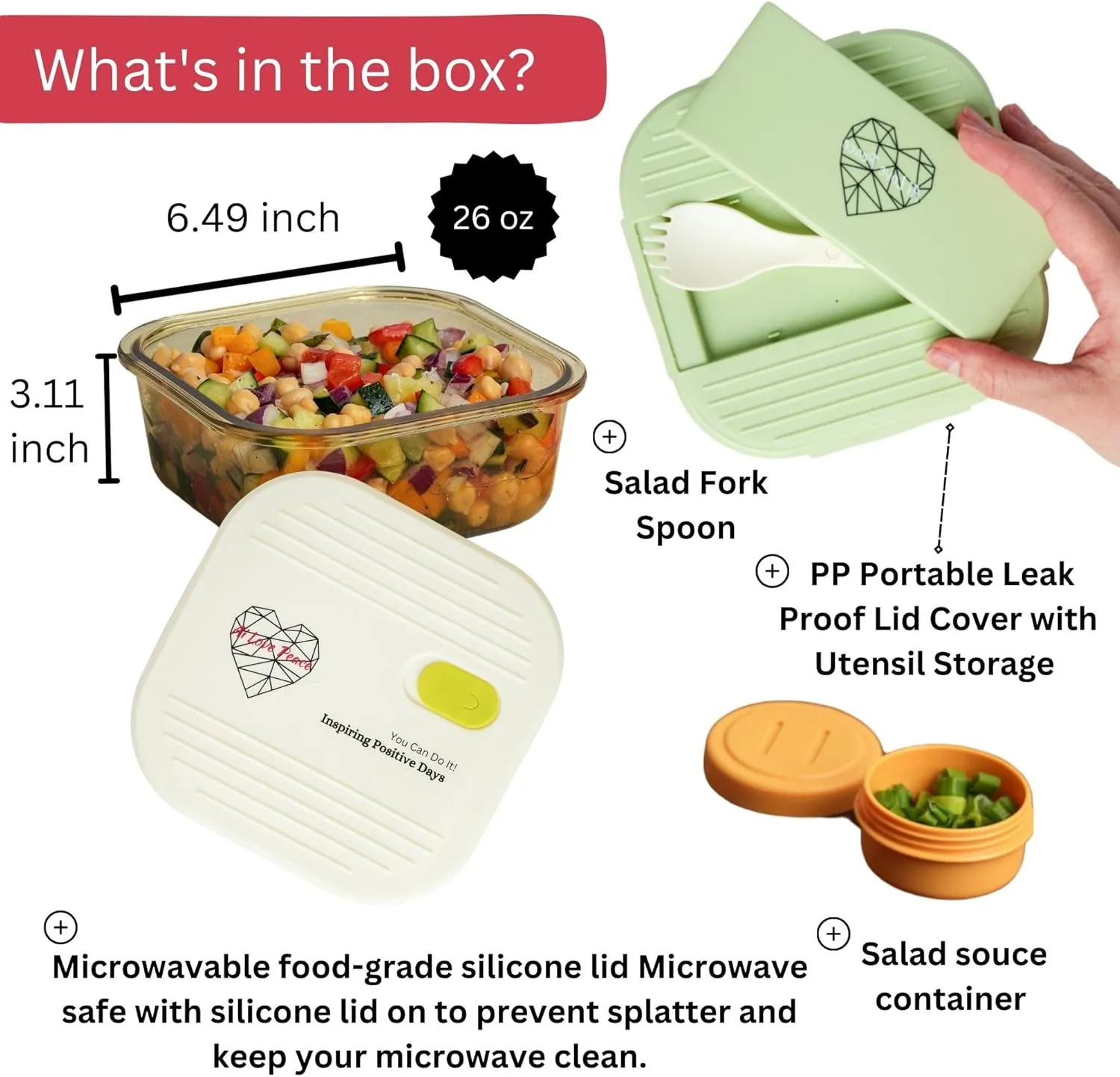 AI LOVE PEACE Glass Lunch Container, 26 oz, Microwave-Safe with 2 Lids – White Silicone Vent Lid & Green Airtight PP Lid, Leakproof Meal Prep Box with Utensil Storage for Salad & Snacks