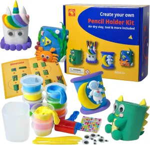 Air Dry Clay - Create Your Own Pen Holder Kit. Craft DIY for Kids/Art Activity Set/Holiday Birthday Gift/Dinasour Unicorn & Space. for Adults or Kids 4 