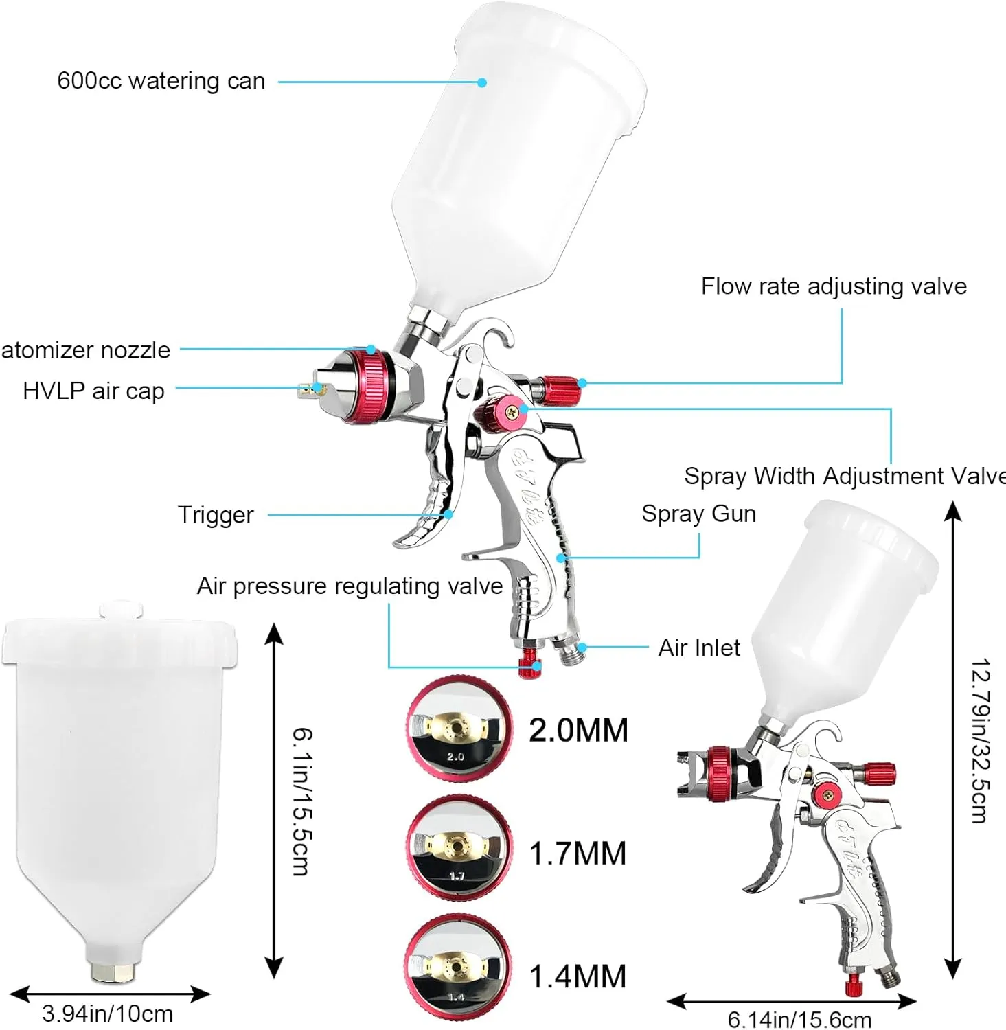 Air Spray Paint Gun HVLP Spray Gun Paint Sprayer HVLP with Gravity Feed 1.4mm 1.7mm 2.0mm Nozzle 600 CC Capacity Air Spray Paint Gun for Walls Automotive Home Improvement （red）