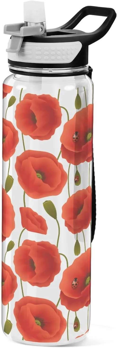ALAZA Beautiful Red Poppy Flower Ladybugs Water Bottle with Straw Lid 32oz Leakproof Sport Water Bottle Clear Large Gym Water Jug for Women Men Outdoor