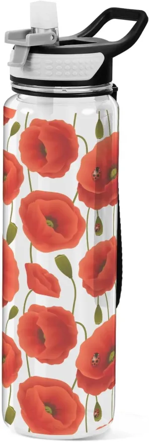 ALAZA Beautiful Red Poppy Flower Ladybugs Water Bottle with Straw Lid 32oz Leakproof Sport Water Bottle Clear Large Gym Water Jug for Women Men Outdoor