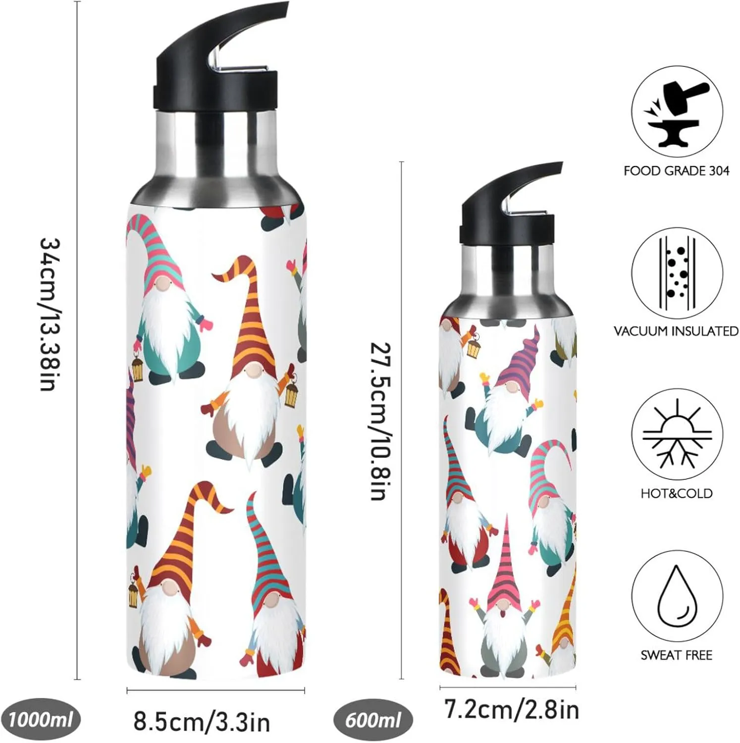ALAZA Christmas Card with Funny Gnomes Water Bottle with Straw Lids Boys Girls,Vacuum Insulated Leakproof Stainless-Steel Sports Bottle Thermal Flask for Gym Yoga Camping,34oz (1000ml)