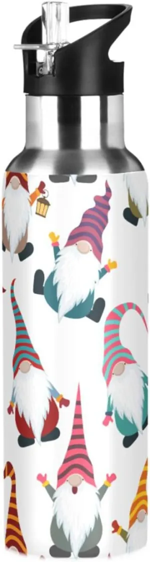 ALAZA Christmas Card with Funny Gnomes Water Bottle with Straw Lids Boys Girls,Vacuum Insulated Leakproof Stainless-Steel Sports Bottle Thermal Flask for Gym Yoga Camping,34oz (1000ml)