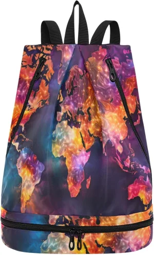 ALAZA Swimming Bags Waterproof Gym Bag Swim Backpack for Beach Sports World Map Fire Pool Swimmers Men and Women