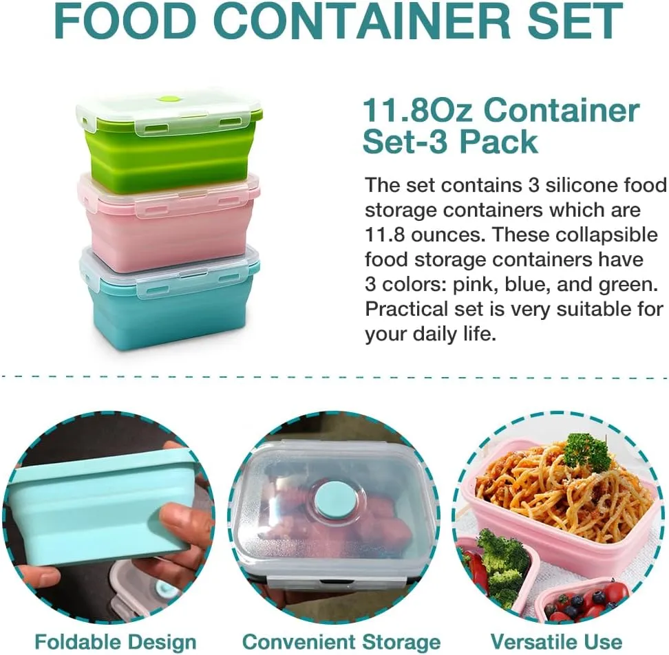 Alimat PluS 11.8oz Small Silicone Collapsible Food Storage Containers With Lids, 3 Pack Set 350ml Collapsible Food Storage Containers with Lids, Travel Food Containers for Outdoor and Kitchen