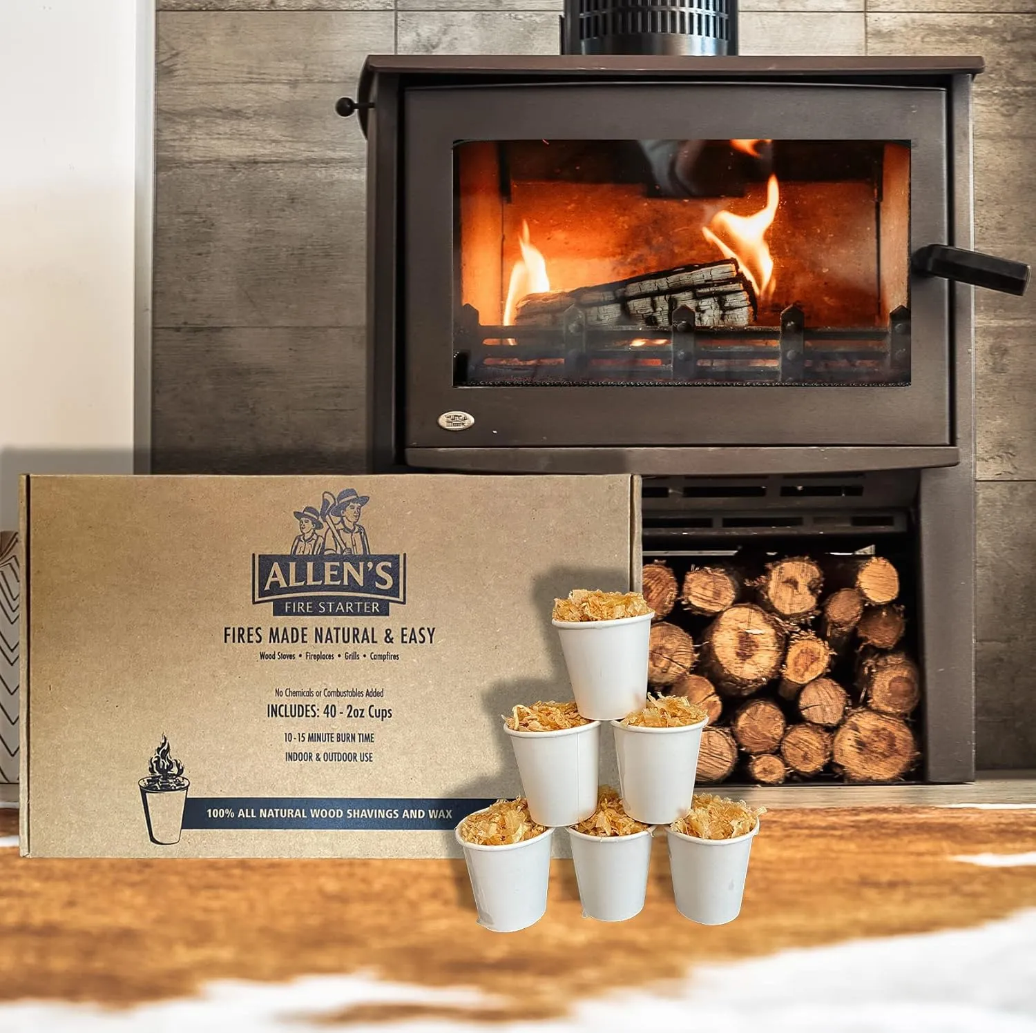 Allen's Wood Fire Starter Cups – Natural Wax & Wood Chip Firestarters for Campfires, Fire Sticks for Fireplace, Grilling & BBQ – 15 Min Burn – Clean Fire Start – Great for Travel & Hunting