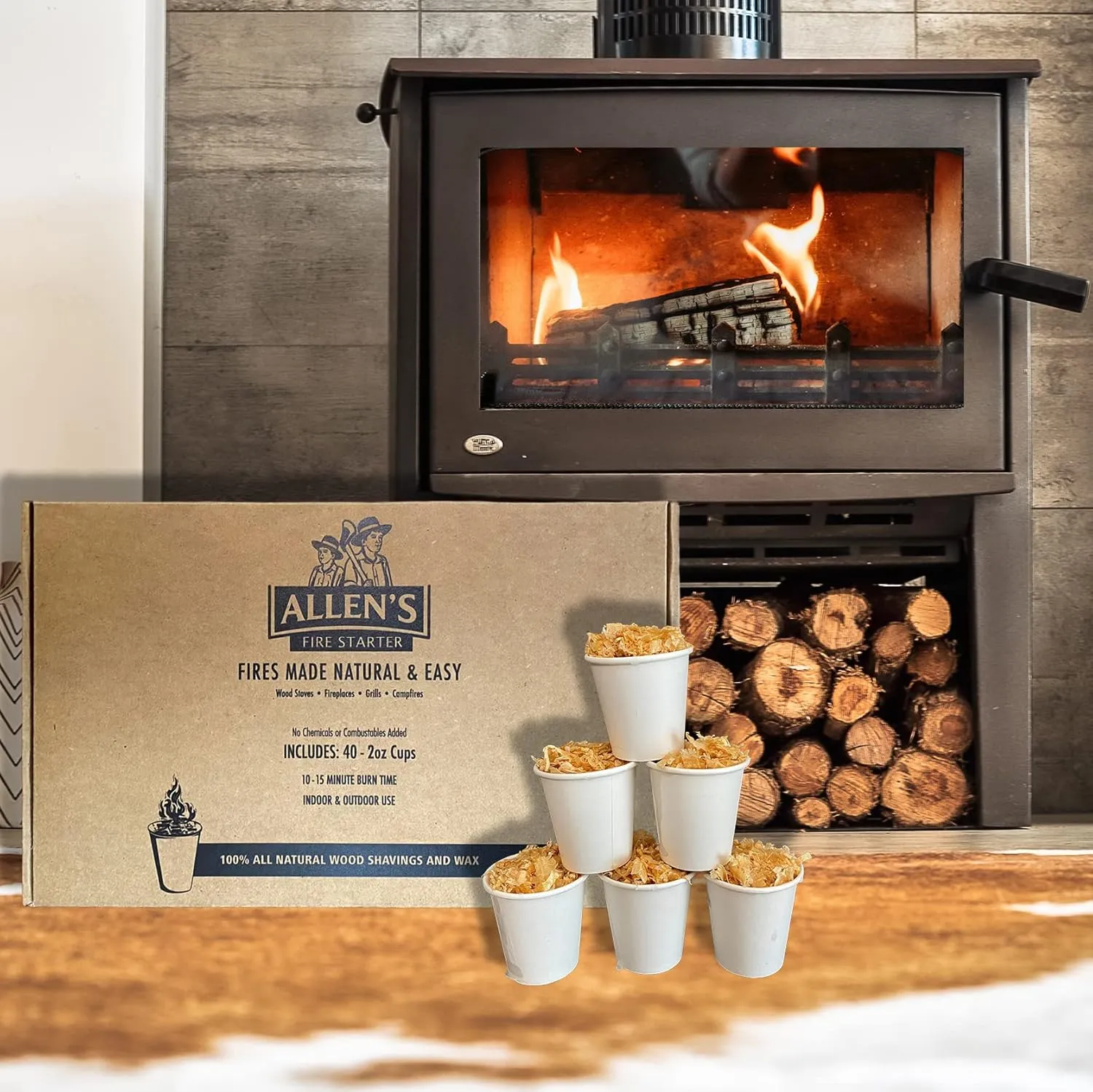 Allen's Wood Fire Starter Cups – Natural Wax & Wood Chip Firestarters for Campfires, Fire Sticks for Fireplace, Grilling & BBQ – 15 Min Burn – Clean Fire Start – Great for Travel & Hunting