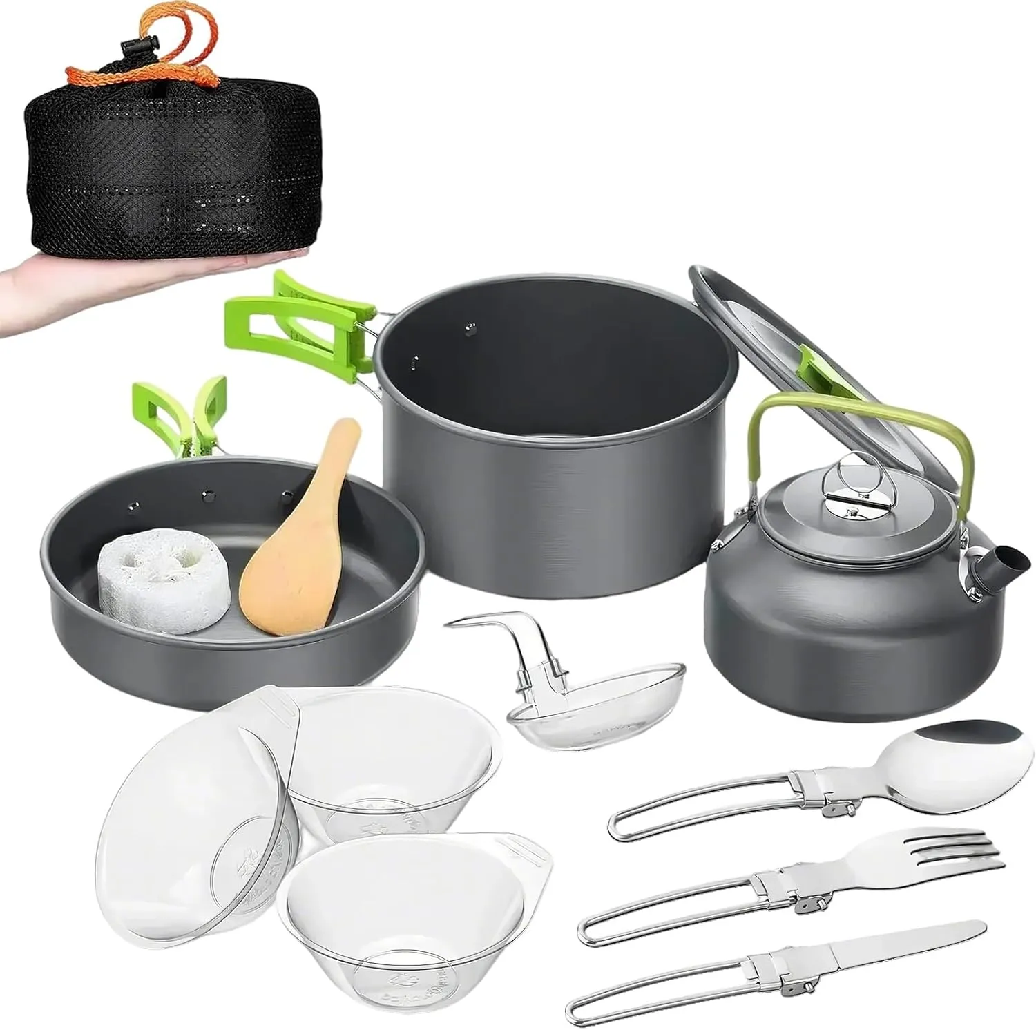 Aluminum Camping Cooking Set, Cookware Mess Kit with Storage Bag Pot Pan and Teapot Set, Camping Accessories for Outdoor Camping Hiking Picnic