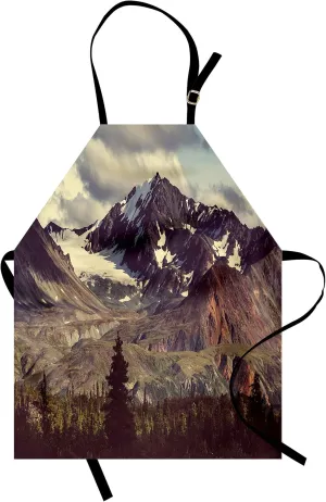 Ambesonne Alaska Mountains Apron, Arctic Landscape Hiking Alaska Mountains Scenery in Usa Wilderness, Unisex Kitchen Bib Apron with Adjustable Neck for Cooking Baking Gardening, Green Black White