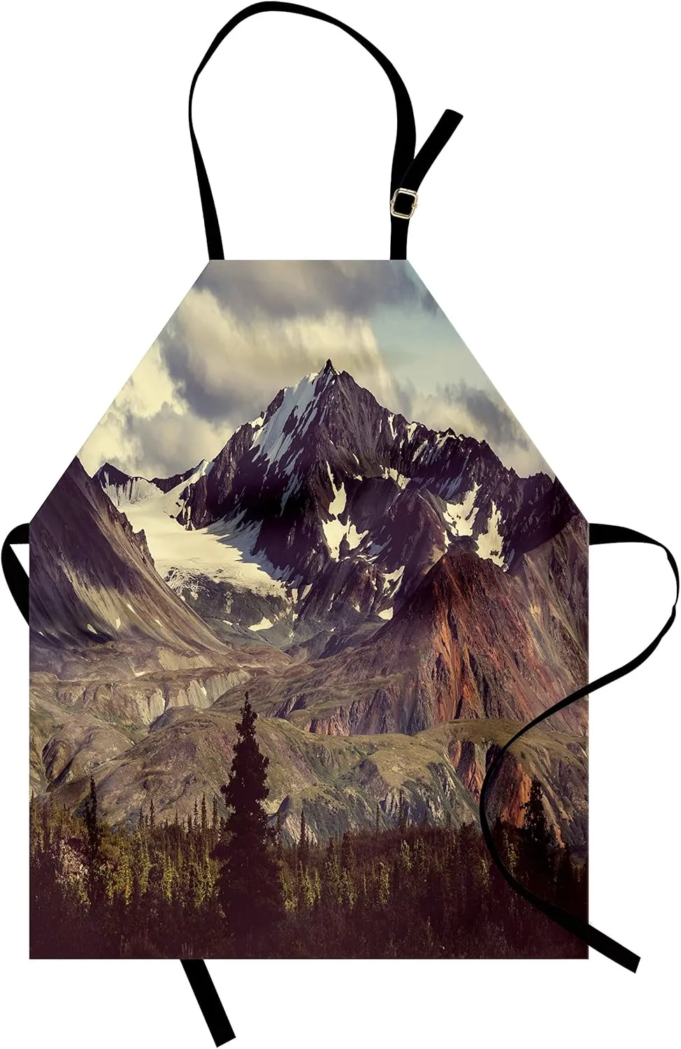 Ambesonne Alaska Mountains Apron, Arctic Landscape Hiking Alaska Mountains Scenery in Usa Wilderness, Unisex Kitchen Bib Apron with Adjustable Neck for Cooking Baking Gardening, Green Black White